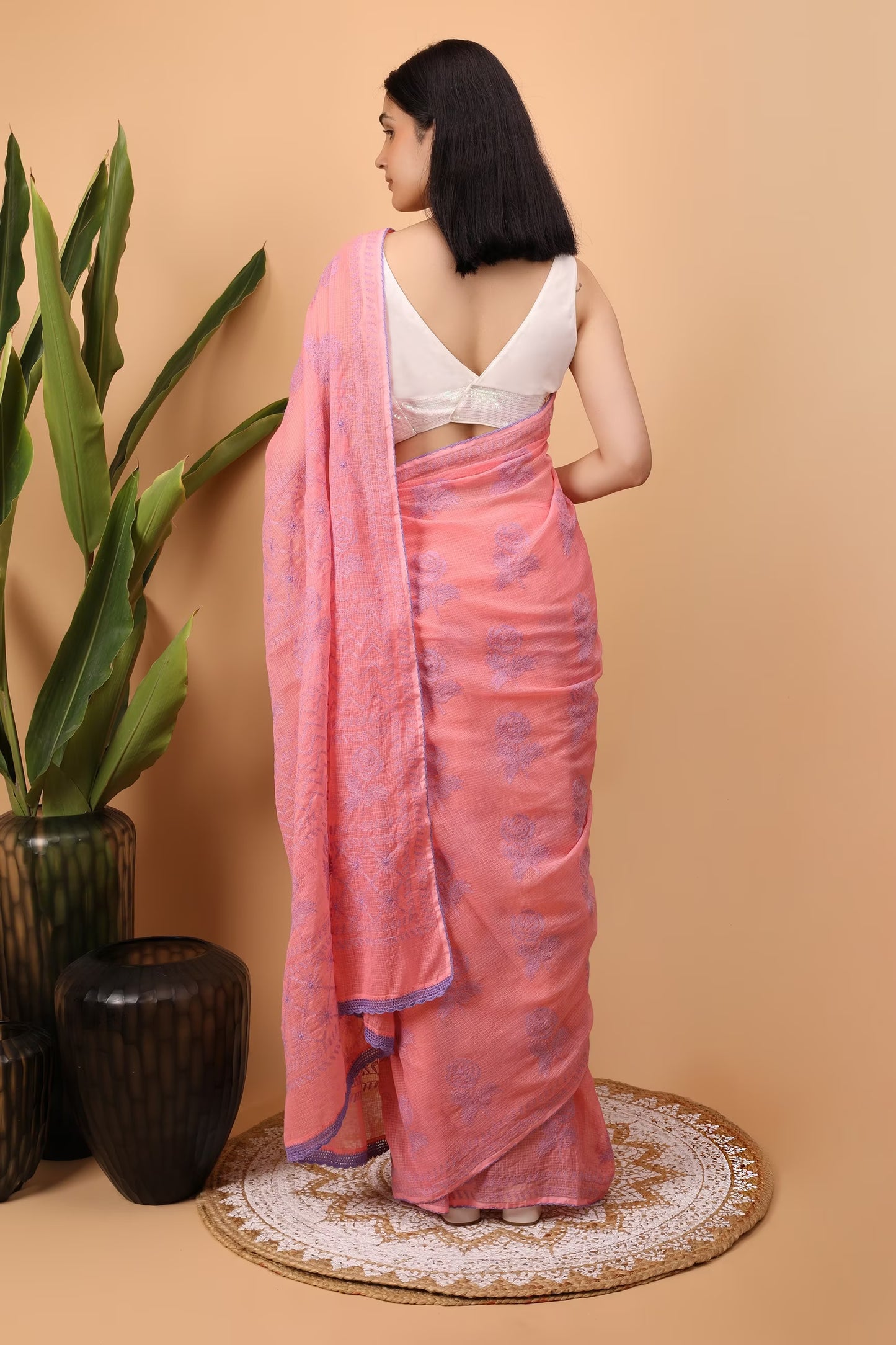 Shwet Women Pink Kota Cotton Chikankari Saree