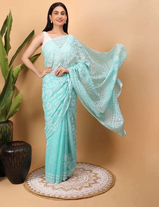 Shwet Cyan Blue Kota Cotton Chikankari Saree - Handcrafted Chikankari embroidery, front view. Premium quality fabric.
