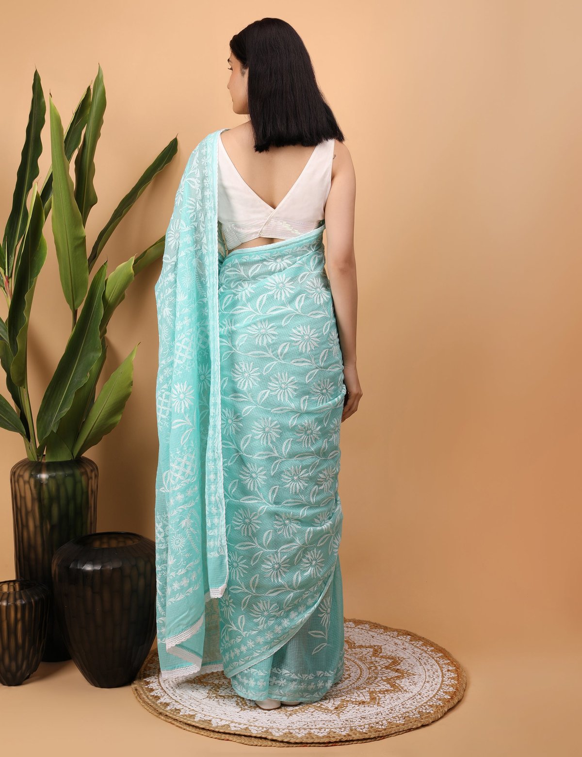 Shwet Cyan Blue Kota Cotton Chikankari Saree - Handcrafted Chikankari embroidery. Premium quality fabric.