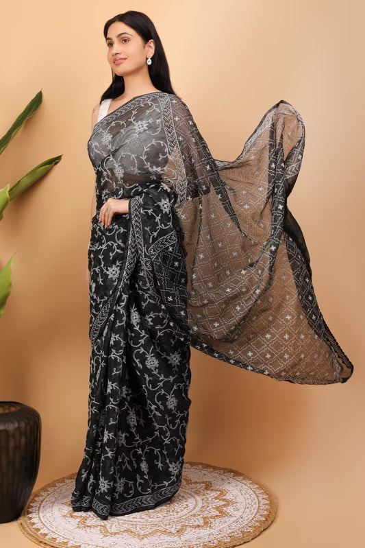Shwet Women Black Hand Embroidered Kota Cotton Chikankari Saree