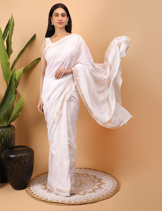 Shwet White Chanderi Chikankari Saree - Handcrafted Chikankari embroidery, front view. Premium quality fabric.