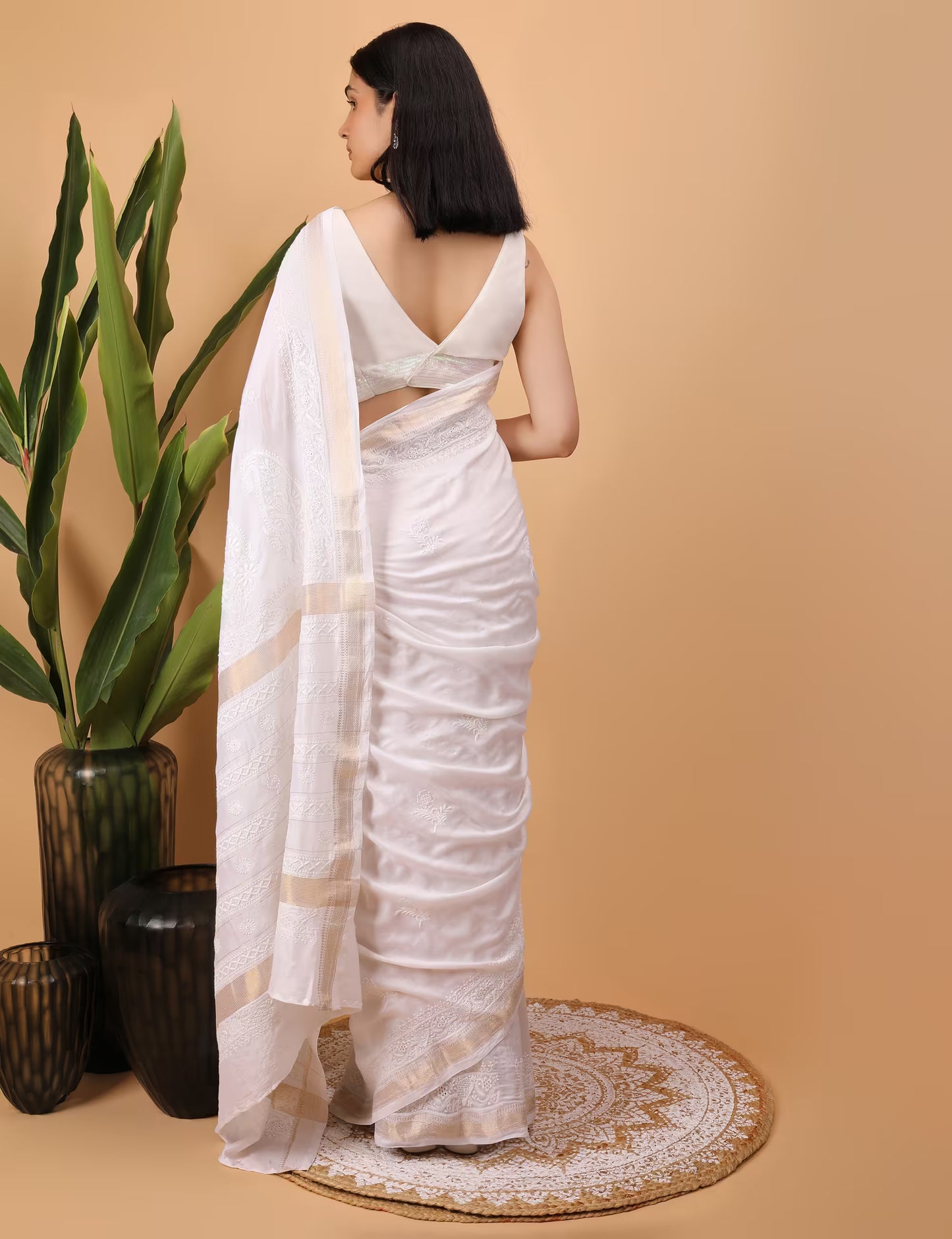 Women White Hand Embroidered Chikankari Chanderi Saree