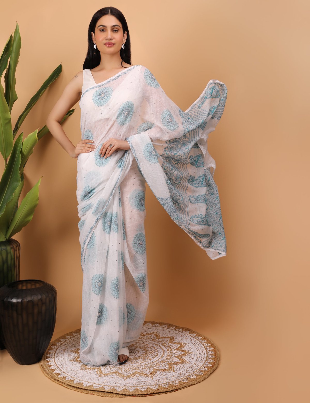 Shwet White Kota Cotton Chikankari Saree - Handcrafted Chikankari embroidery, front view. Premium quality fabric.