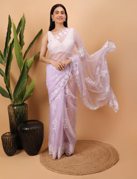 Shwet Purple organza Chikankari Saree - Handcrafted Chikankari embroidery, front view. Premium quality fabric.