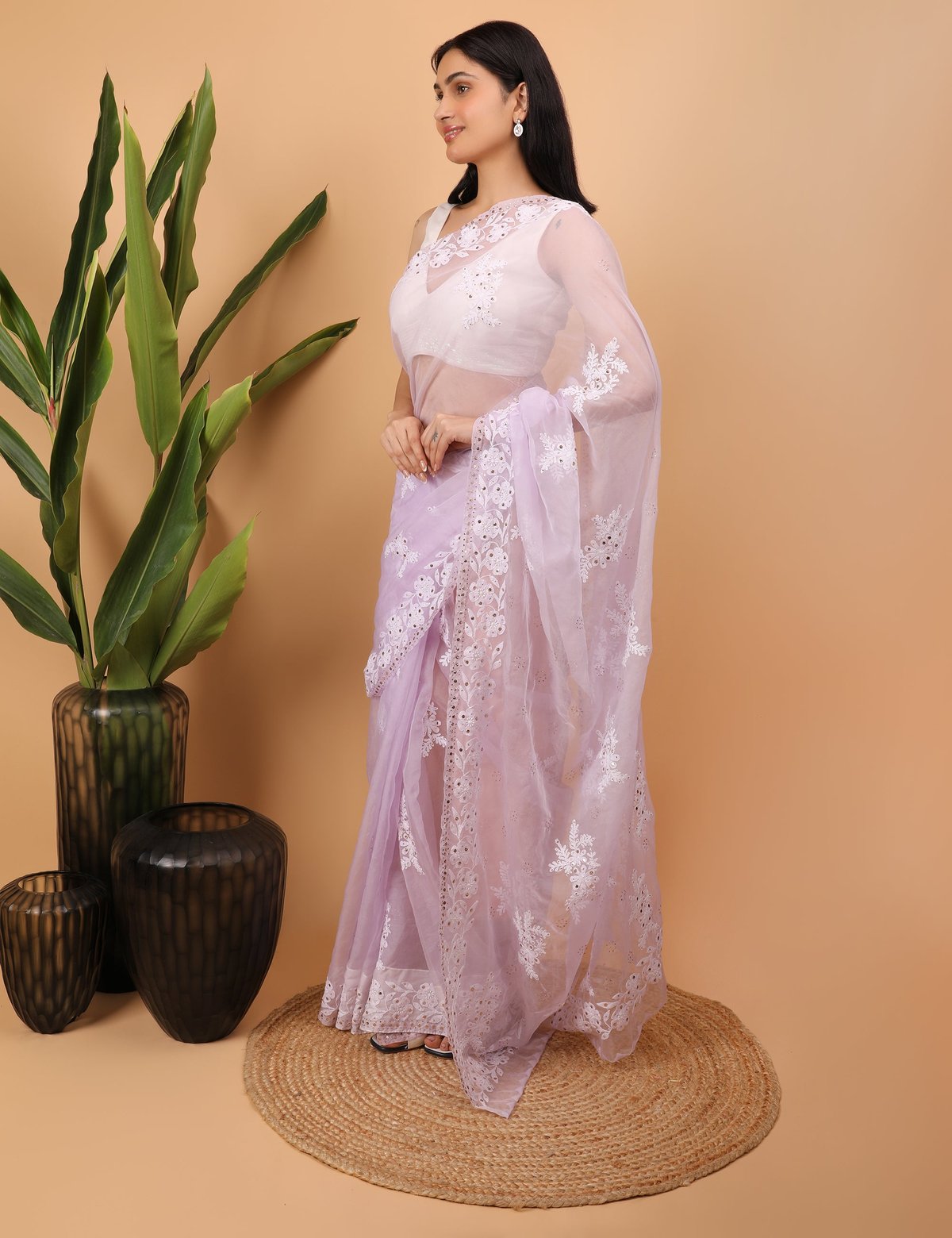 Shwet Purple organza Chikankari Saree - Handcrafted Chikankari embroidery, close-up detail. Premium quality fabric.