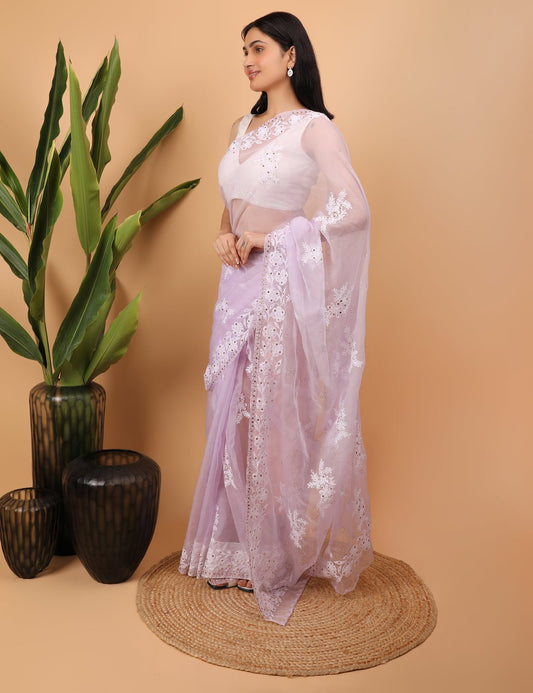 Shwet Purple organza Chikankari Saree - Handcrafted Chikankari embroidery, close-up detail. Premium quality fabric.