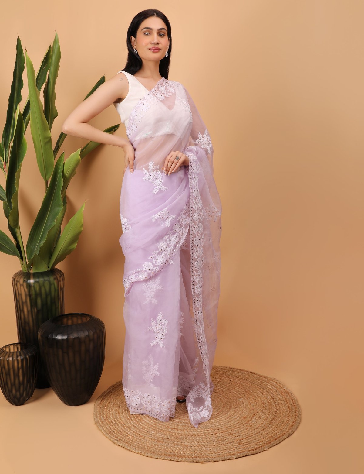 Shwet Purple organza Chikankari Saree - Handcrafted Chikankari embroidery, styling example. Premium quality fabric.