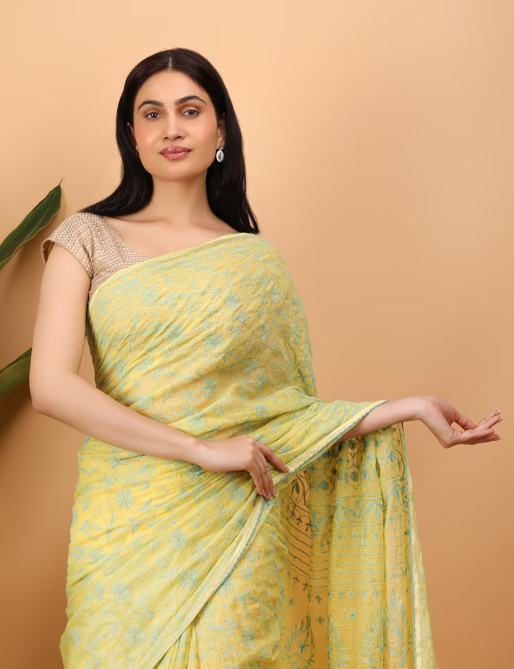 Yellow and Green hand embroidered chikankari saree
