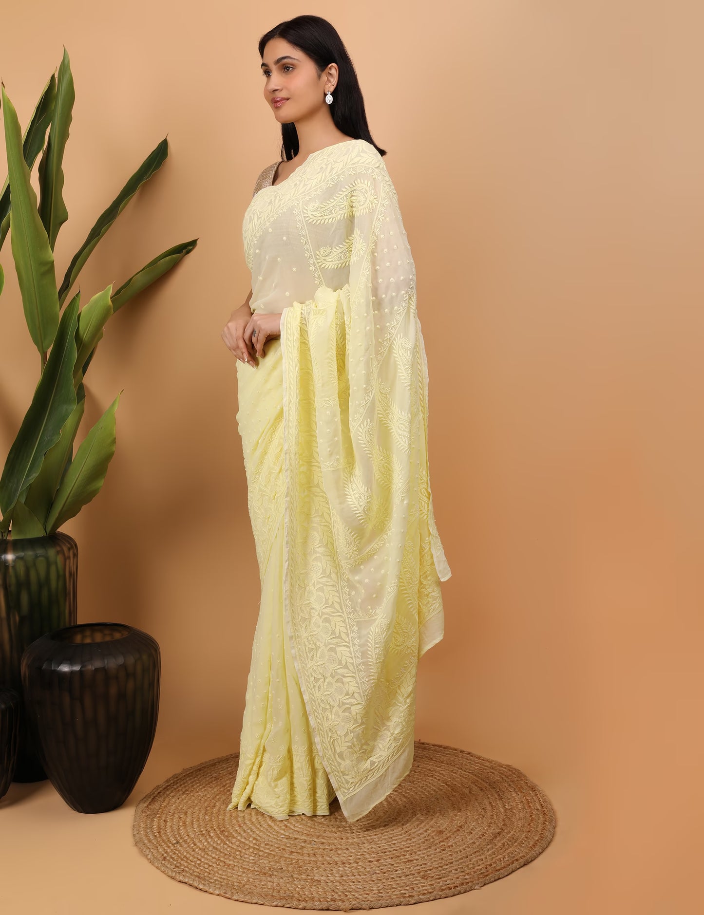 Shwet Yellow Georgette Hand Embroidered  Chikankari Saree