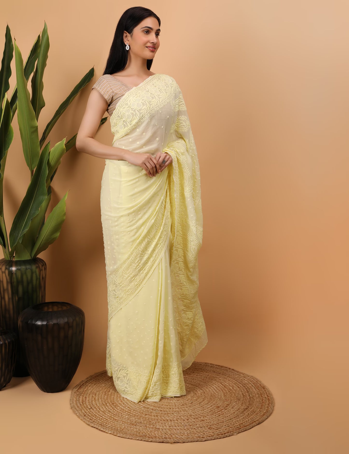 Shwet Yellow Georgette Hand Embroidered  Chikankari Saree