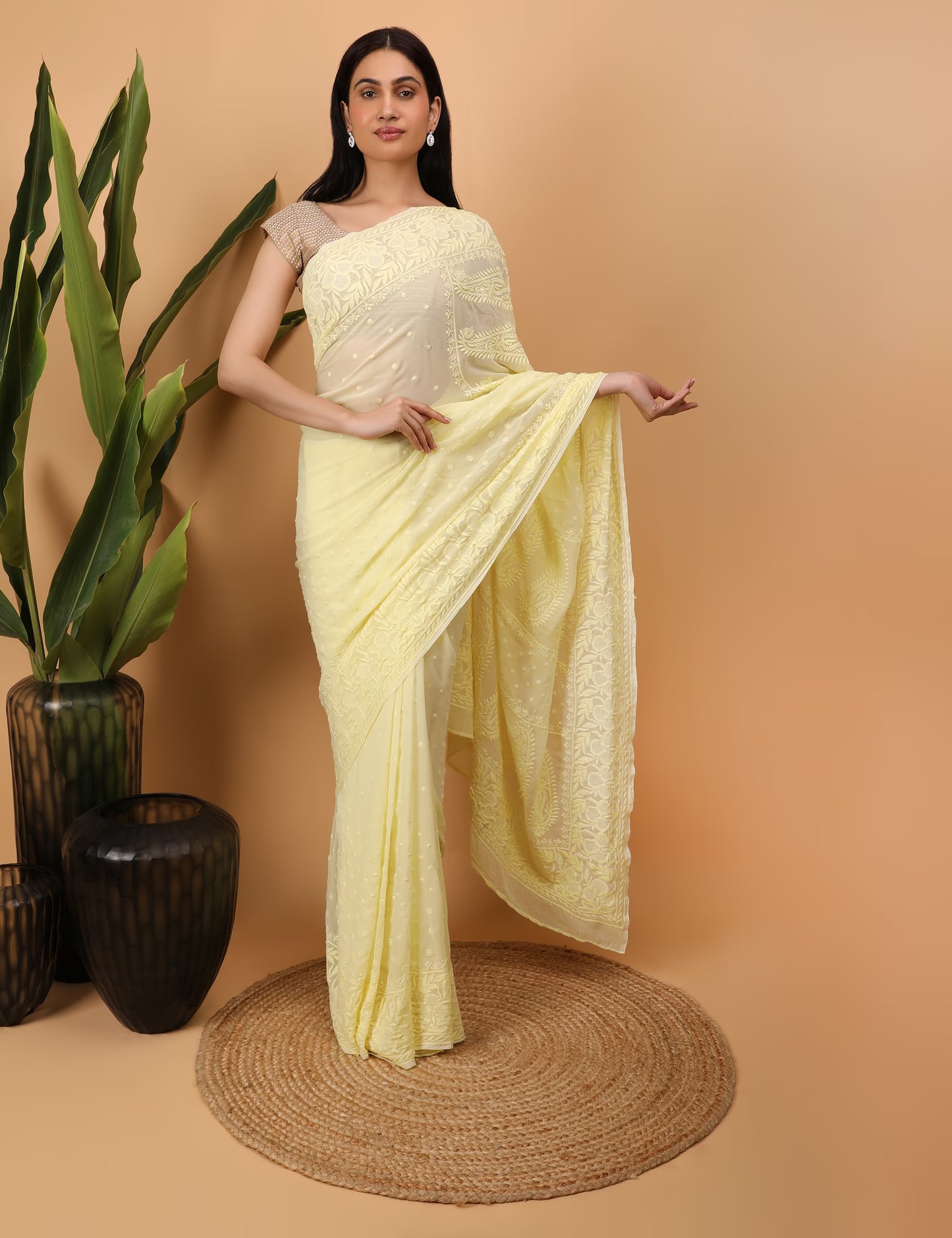 Shwet Yellow Georgette Hand Embroidered  Chikankari Saree