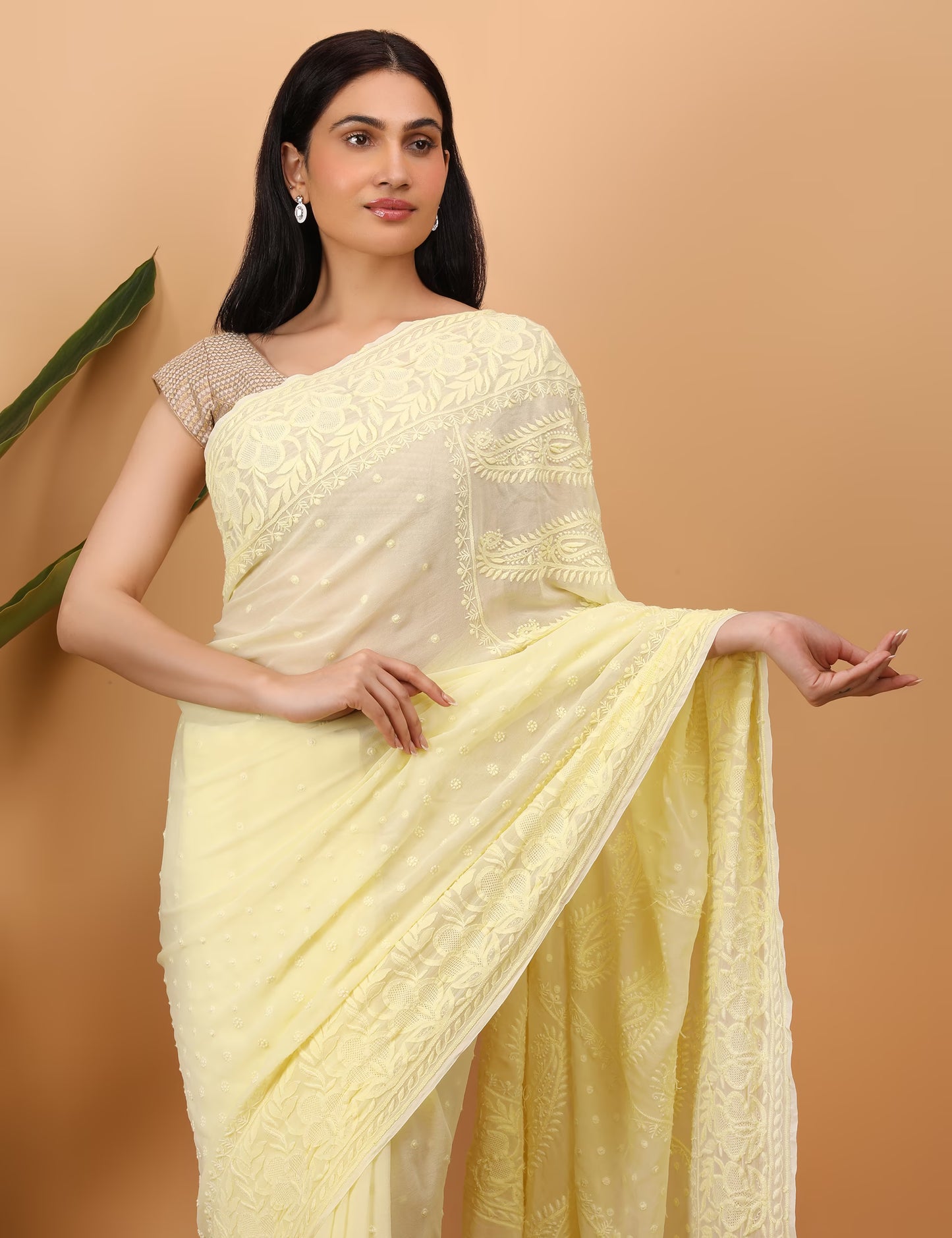 Shwet Yellow Georgette Hand Embroidered  Chikankari Saree