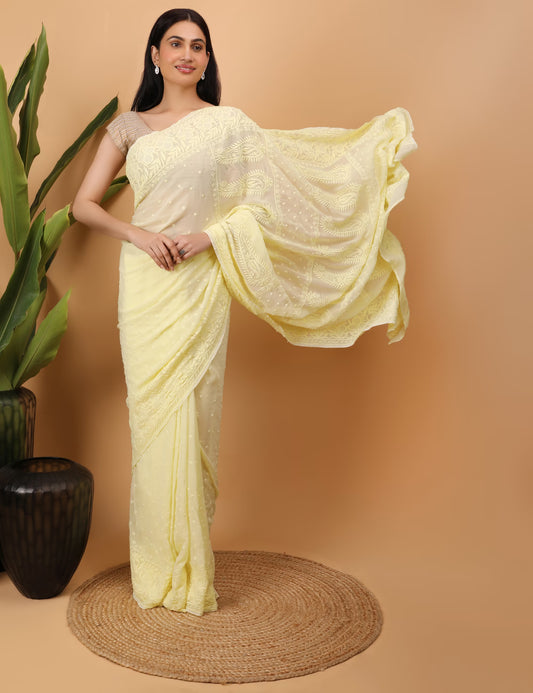 Shwet Yellow Georgette Hand Embroidered  Chikankari Saree