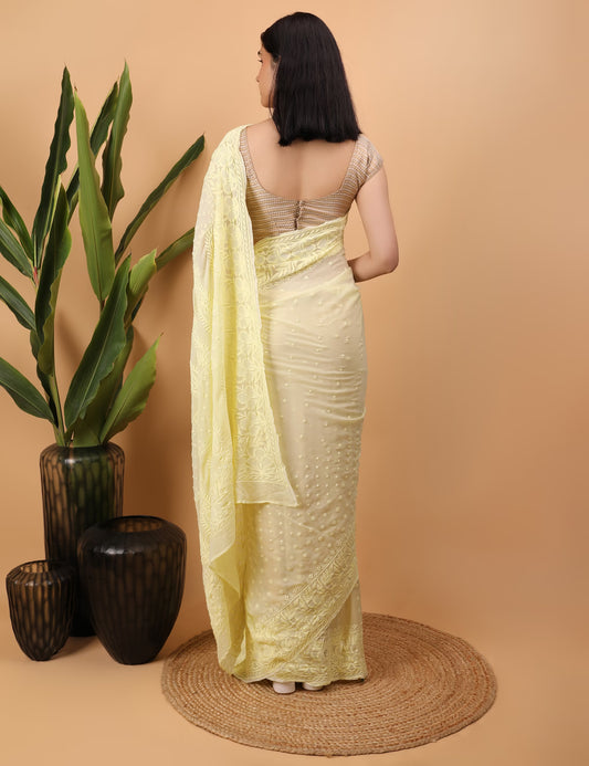 Shwet Yellow Georgette Hand Embroidered  Chikankari Saree