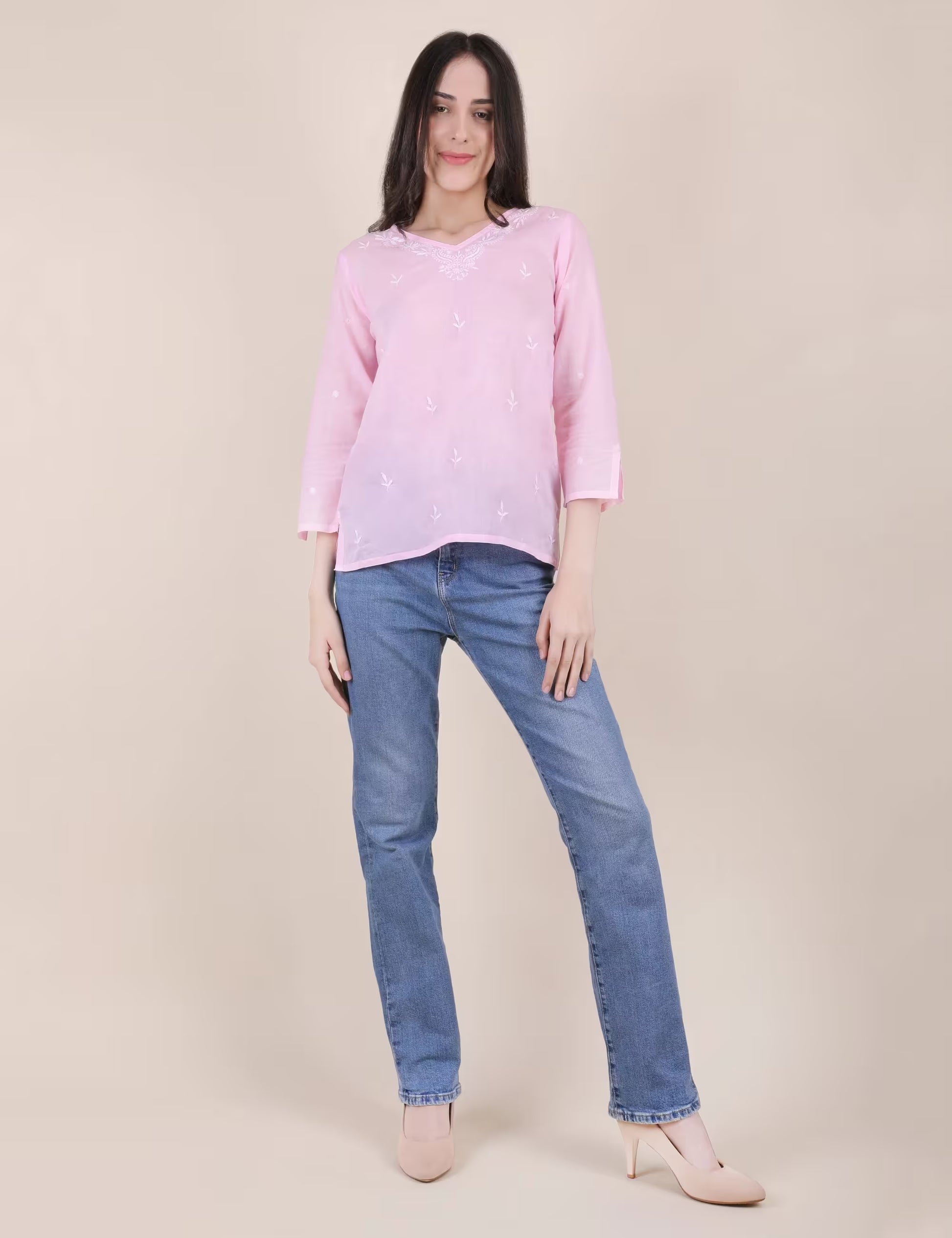 Women Hand Embroidered "Pastel Poise"  Pink short top - Shwet Artistry