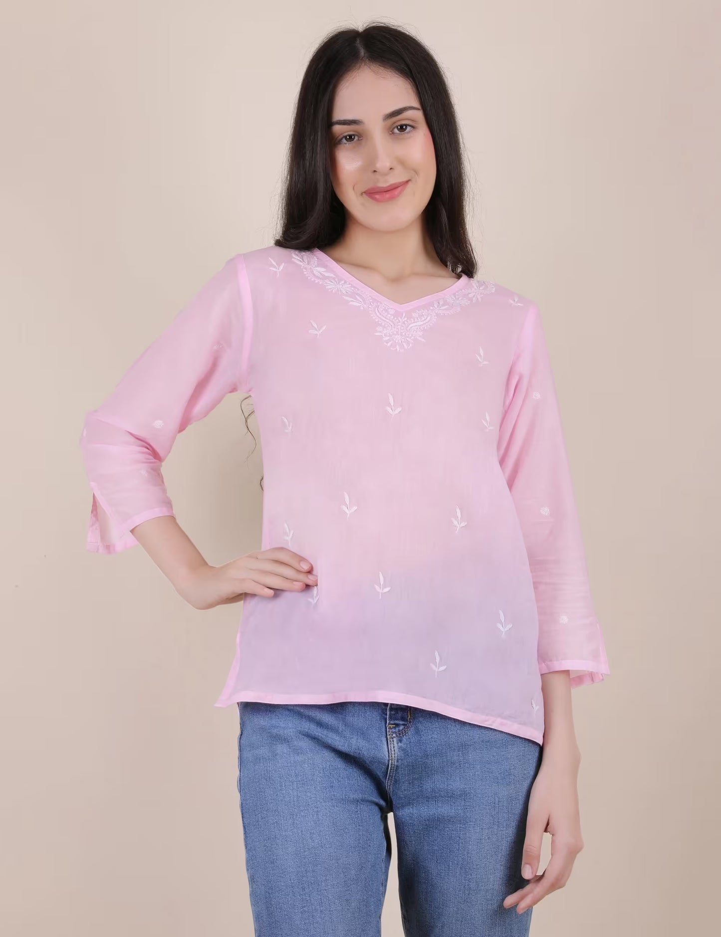 Women Hand Embroidered "Pastel Poise"  Pink short top - Shwet Artistry