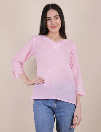 Women Hand Embroidered "Pastel Poise"  Pink short top - Shwet Artistry