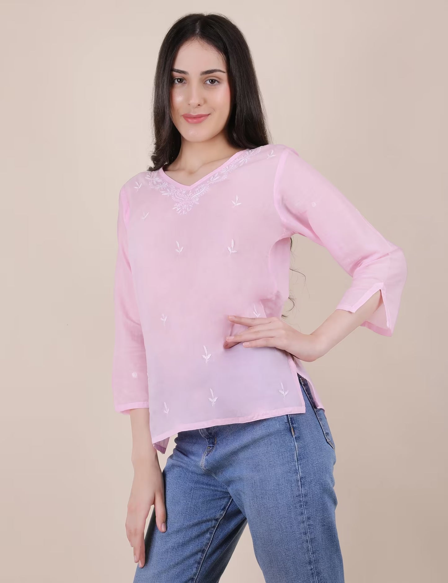 Women Hand Embroidered "Pastel Poise"  Pink short top - Shwet Artistry