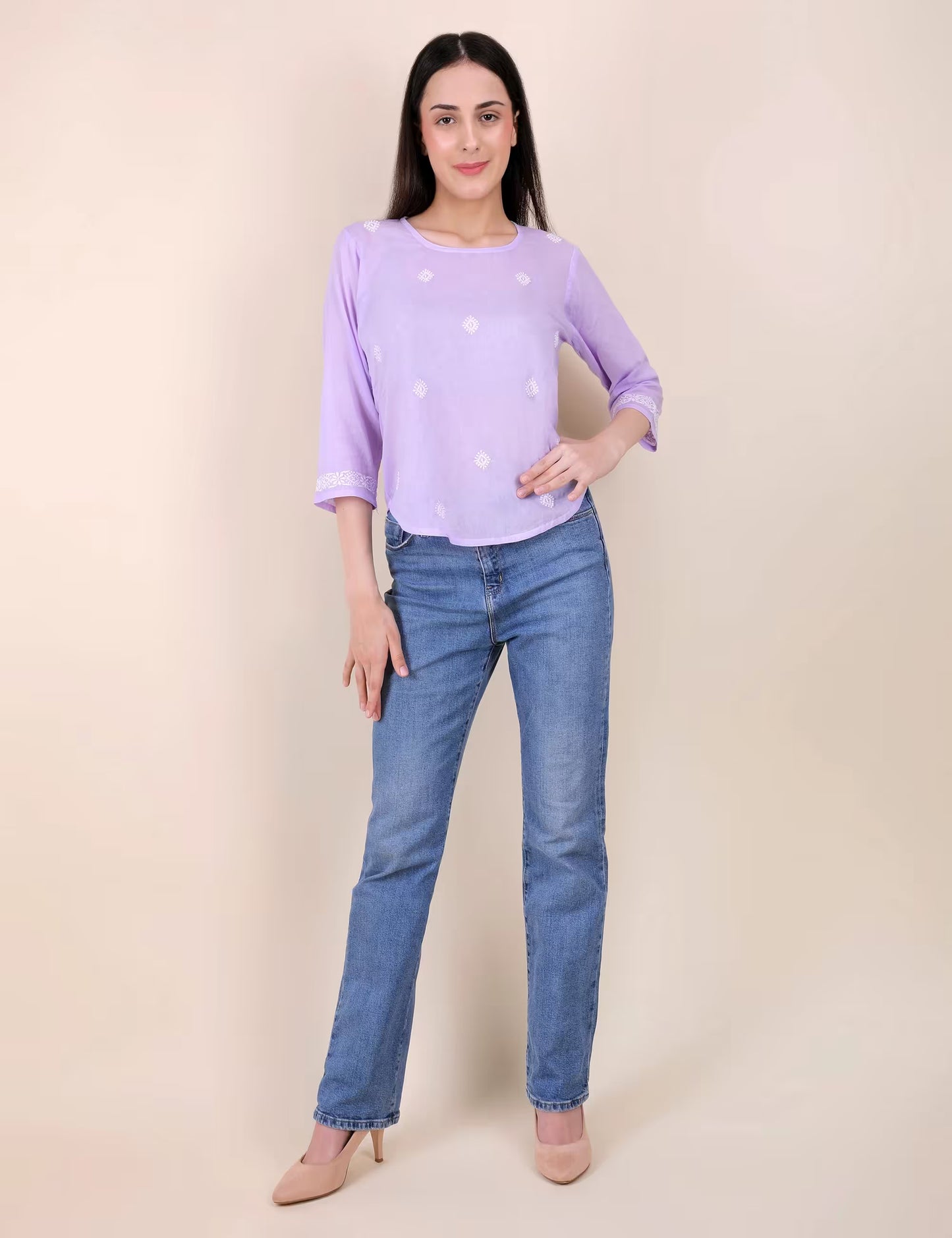 Shwet Women Hand Embroidered "Pastel Poise" Lavendar short top - Shwet Artistry