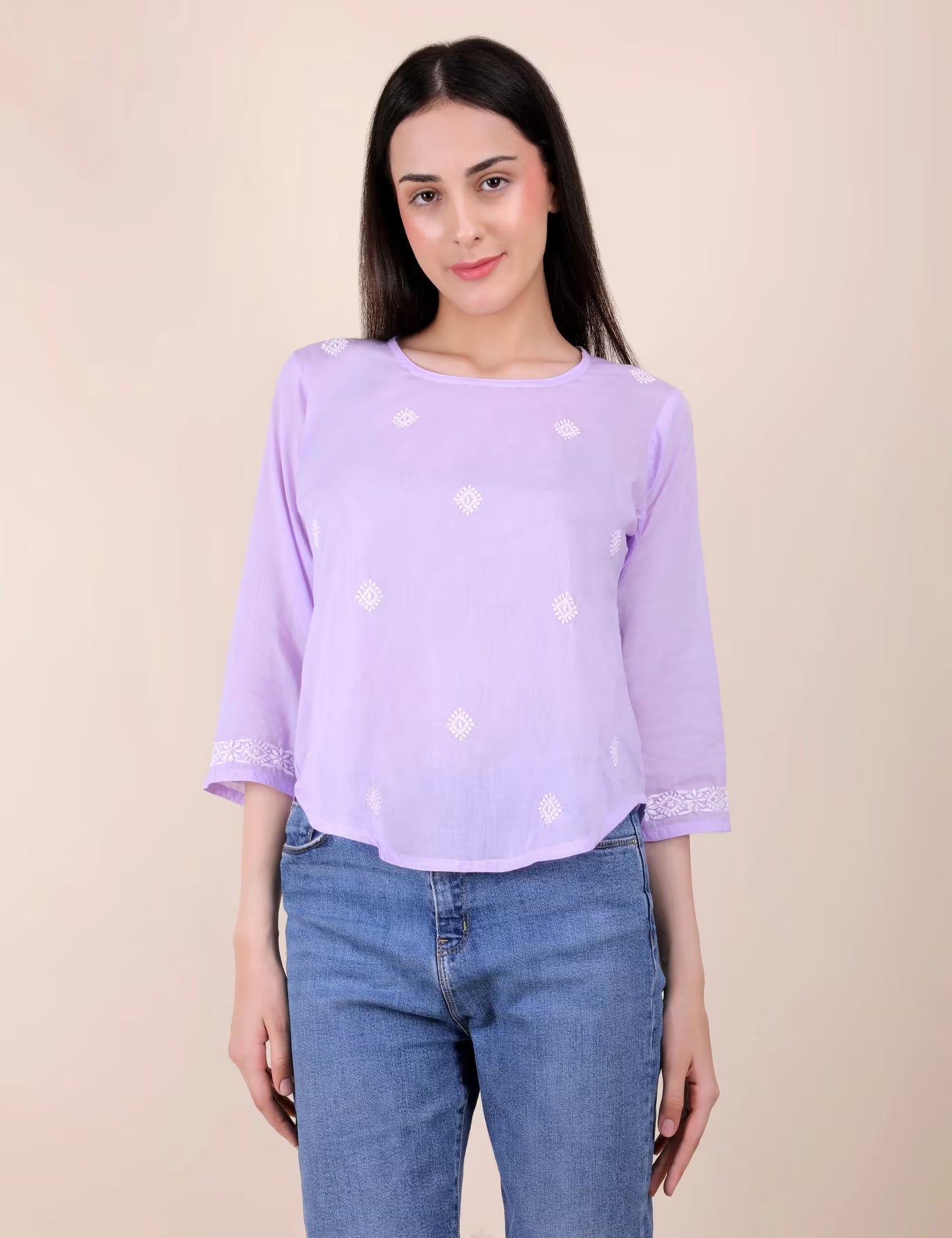 Shwet Women Hand Embroidered "Pastel Poise" Lavendar short top - Shwet Artistry