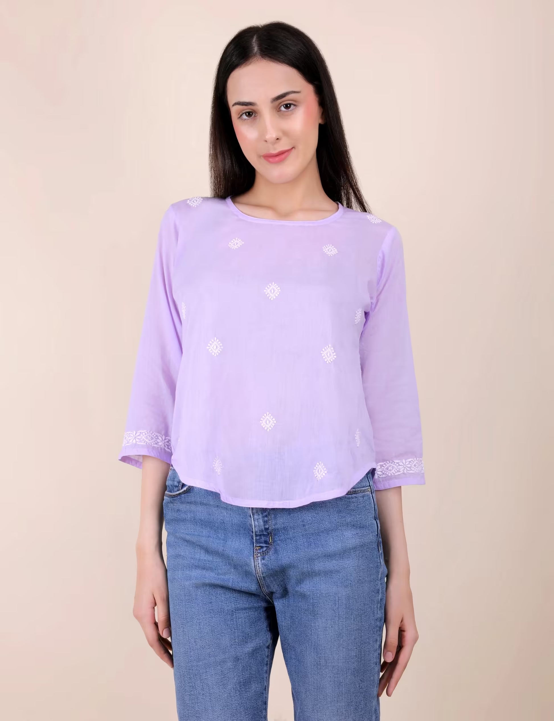 Shwet Women Hand Embroidered "Pastel Poise" Lavendar short top - Shwet Artistry