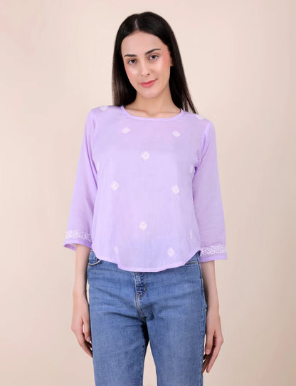 Shwet Women Hand Embroidered "Pastel Poise" Lavendar short top - Shwet Artistry
