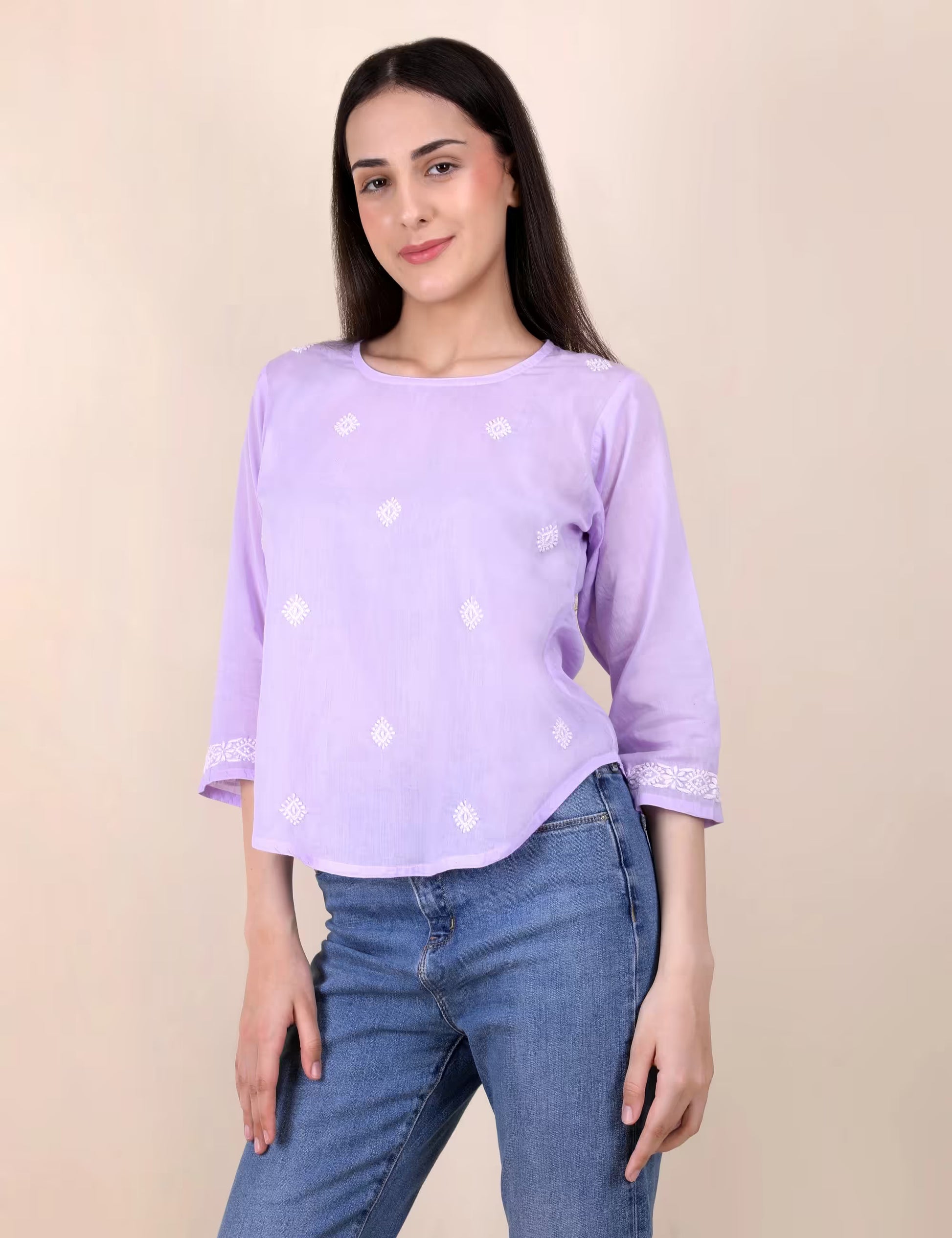 Shwet Women Hand Embroidered "Pastel Poise" Lavendar short top - Shwet Artistry
