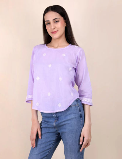 Shwet Women Hand Embroidered "Pastel Poise" Lavendar short top - Shwet Artistry