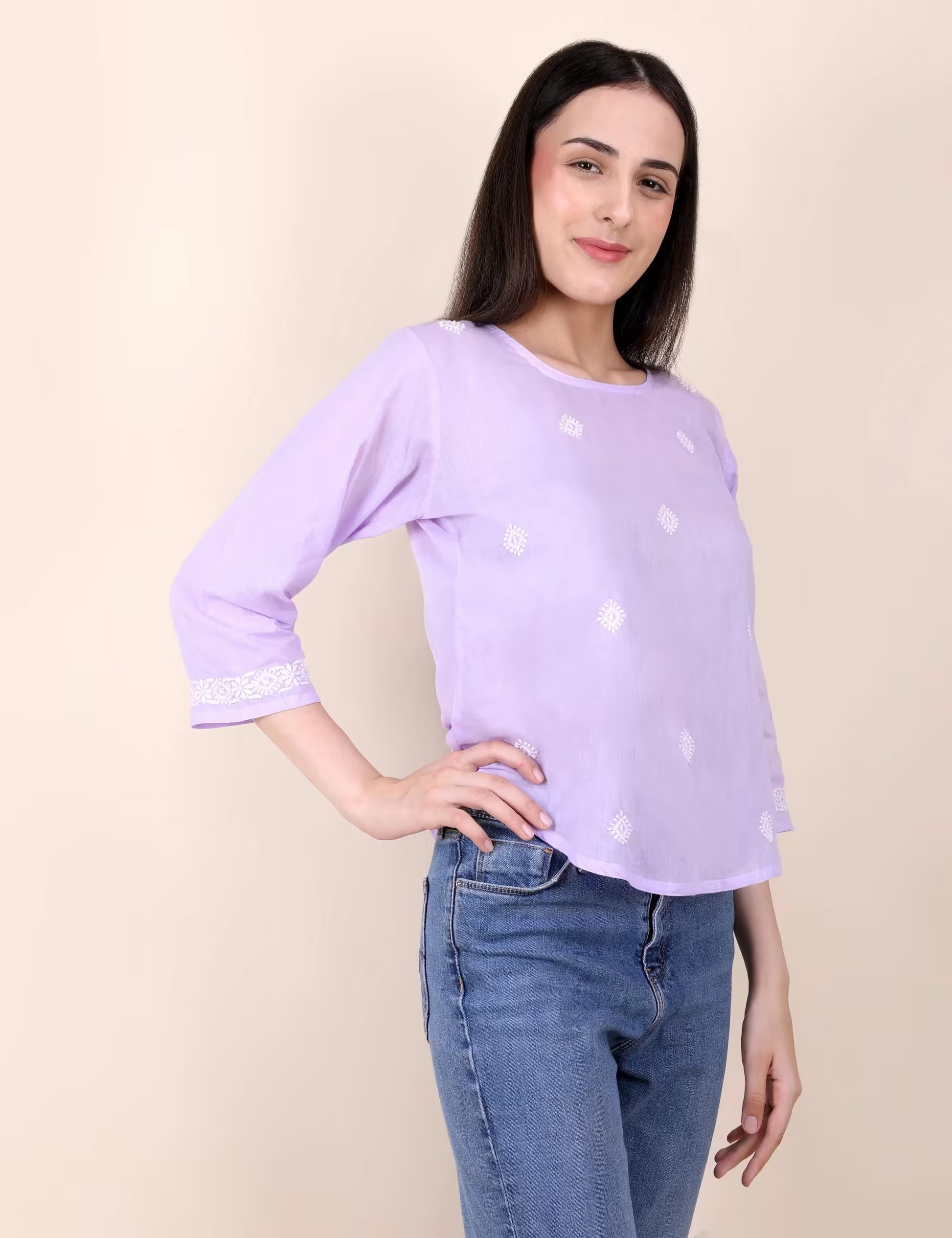 Shwet Women Hand Embroidered "Pastel Poise" Lavendar short top - Shwet Artistry