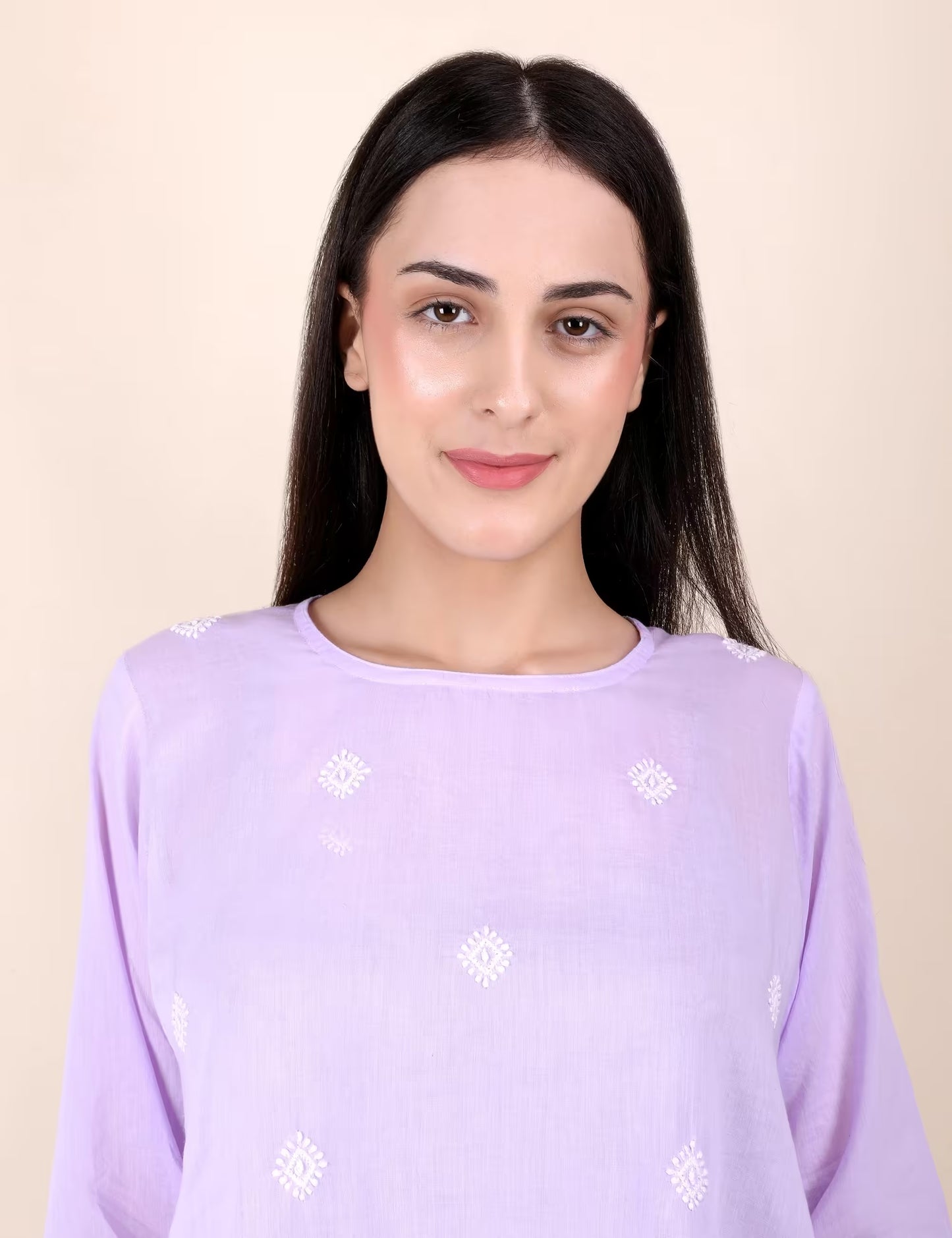 Shwet Women Hand Embroidered "Pastel Poise" Lavendar short top - Shwet Artistry