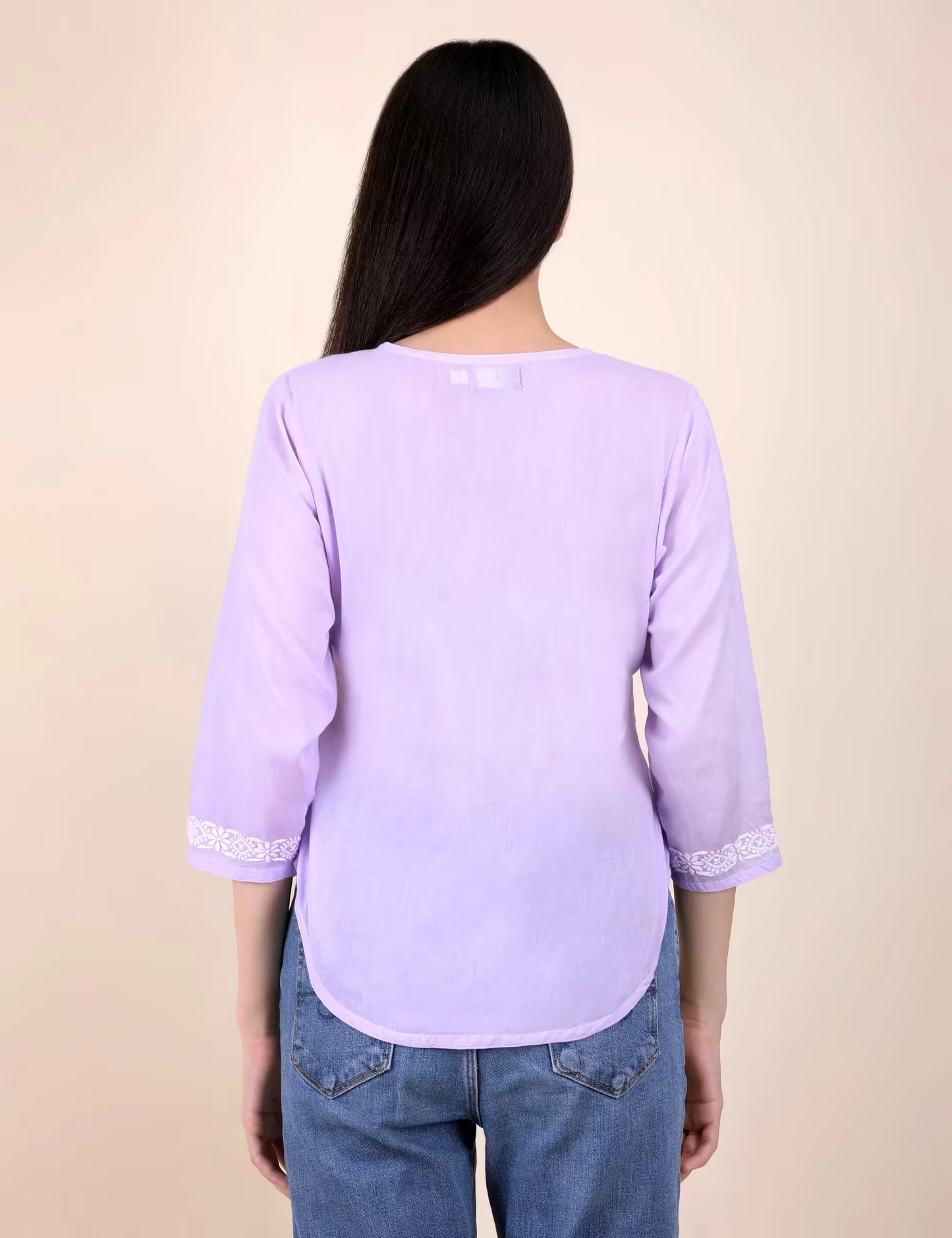 Shwet Women Hand Embroidered "Pastel Poise" Lavendar short top - Shwet Artistry