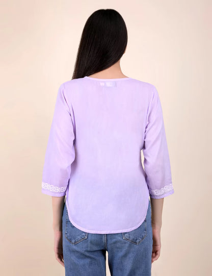 Shwet Women Hand Embroidered "Pastel Poise" Lavendar short top - Shwet Artistry