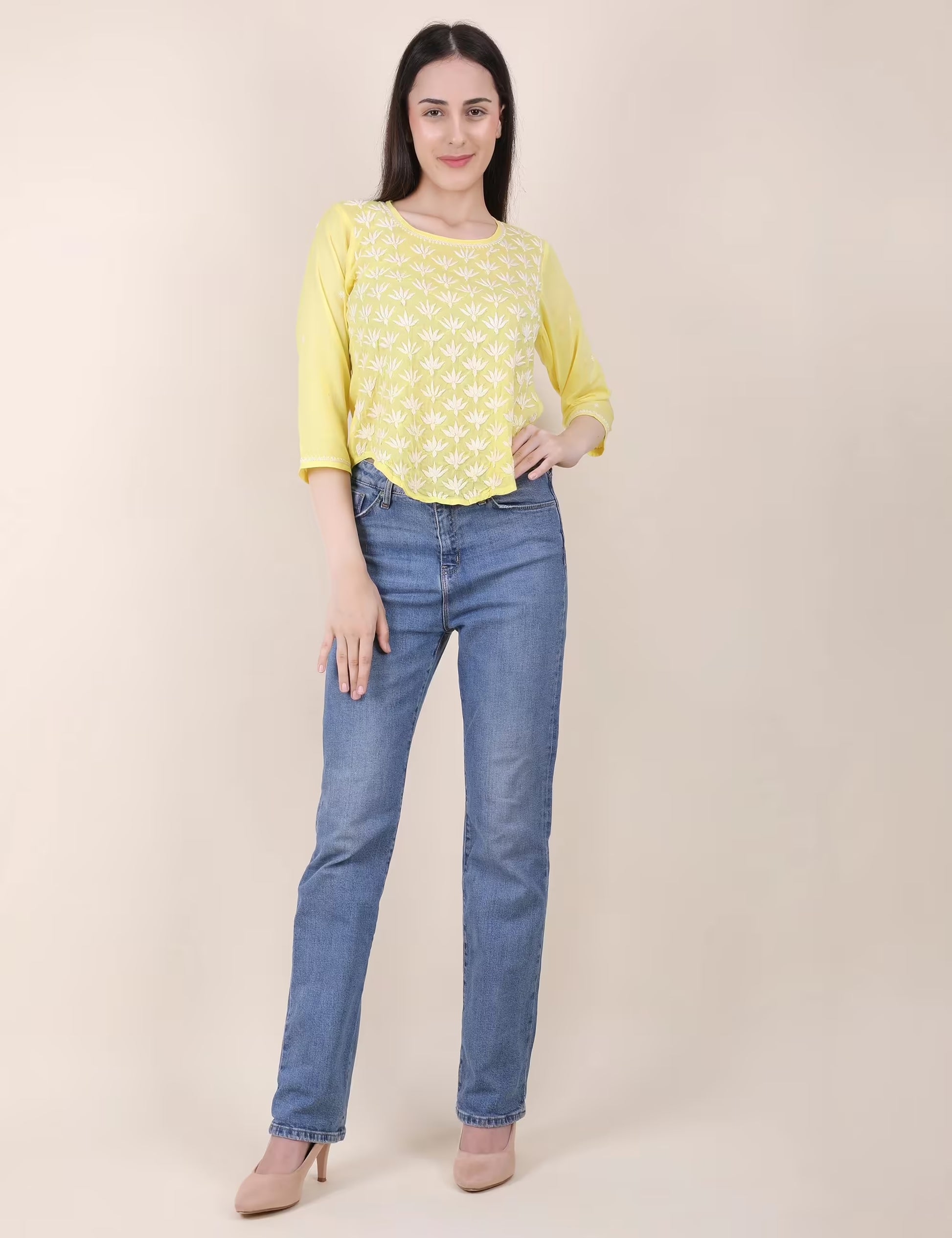 Shwet Women Hand Embroidered "Pastel Poise" Yellow short top - Shwet Artistry
