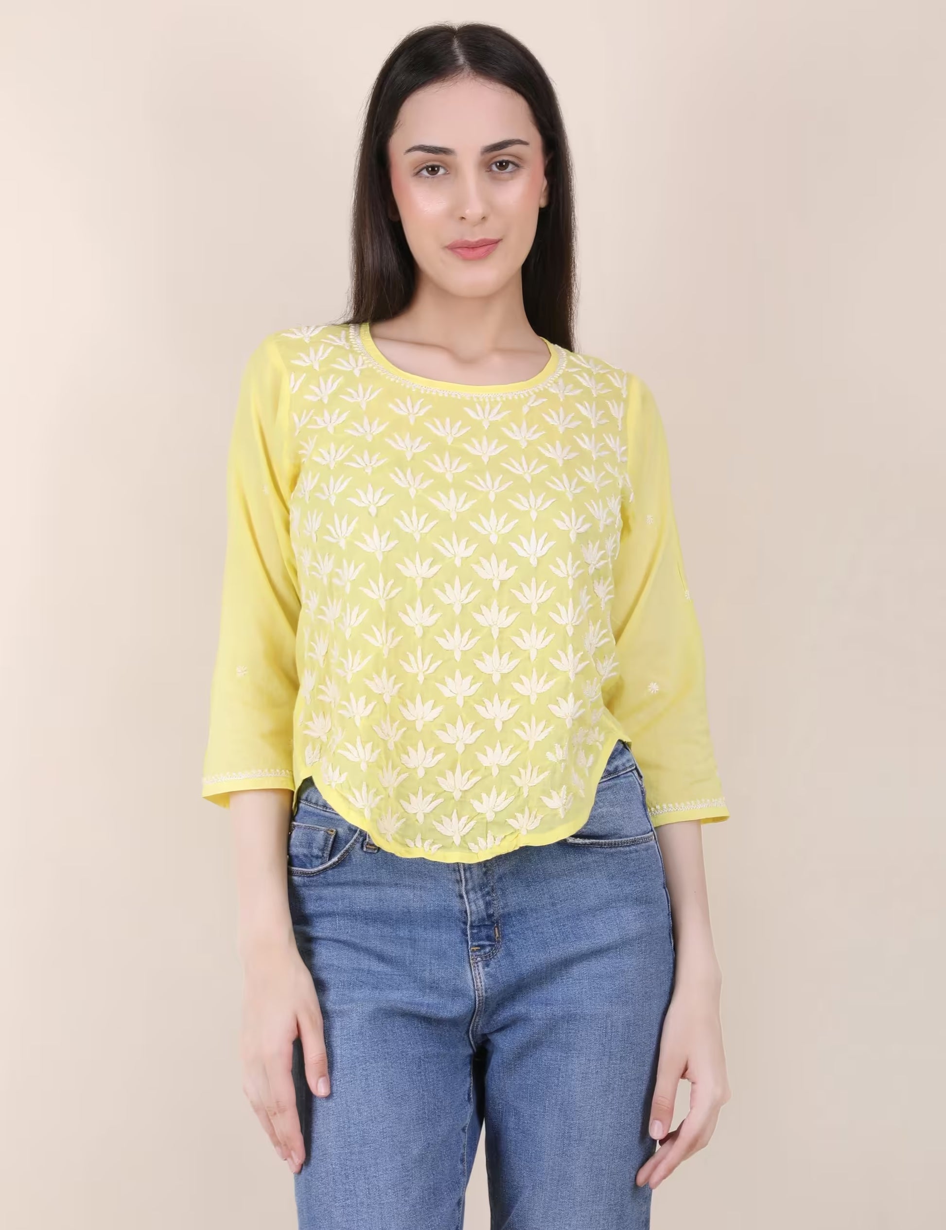 Shwet Women Hand Embroidered "Pastel Poise" Yellow short top - Shwet Artistry