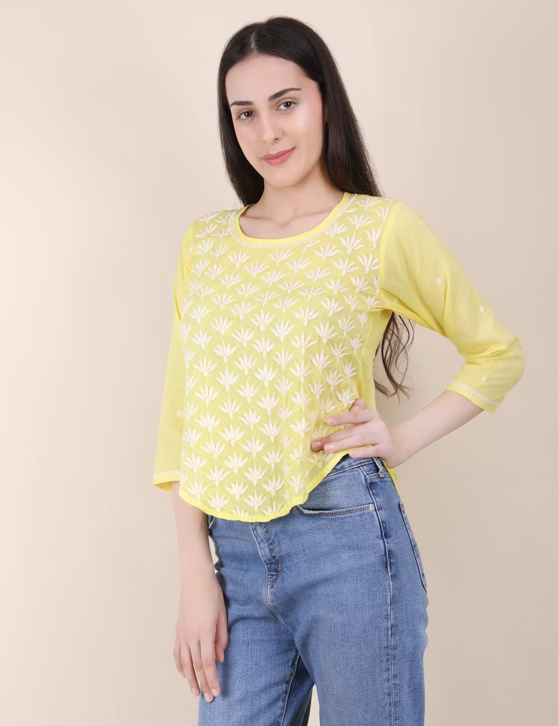 Shwet Women Hand Embroidered "Pastel Poise" Yellow short top - Shwet Artistry