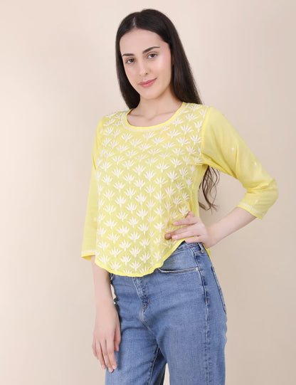 Shwet Women Hand Embroidered "Pastel Poise" Yellow short top - Shwet Artistry