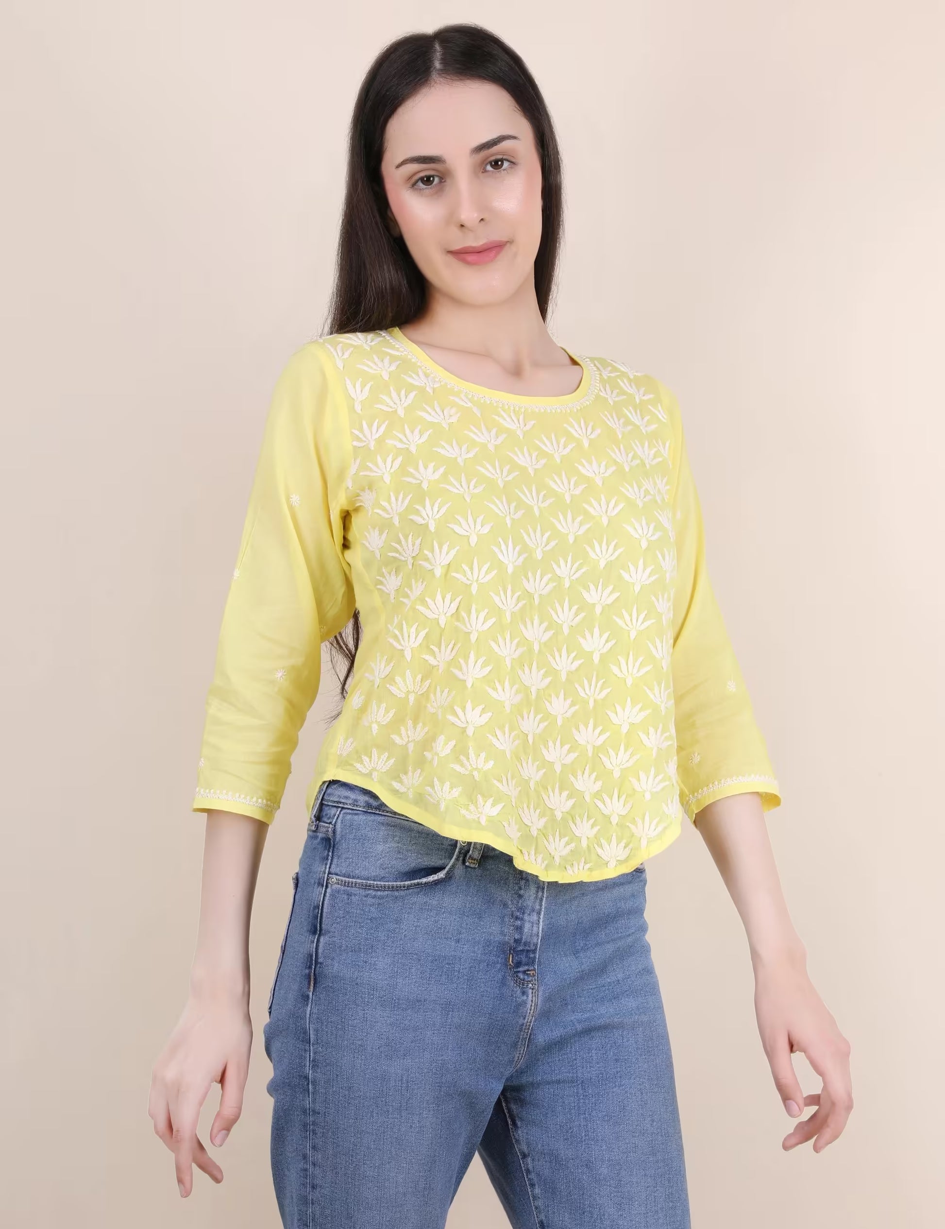 Shwet Women Hand Embroidered "Pastel Poise" Yellow short top - Shwet Artistry