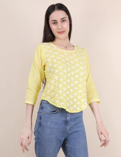 Shwet Women Hand Embroidered "Pastel Poise" Yellow short top - Shwet Artistry