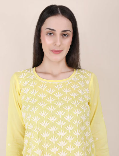 Shwet Women Hand Embroidered "Pastel Poise" Yellow short top - Shwet Artistry