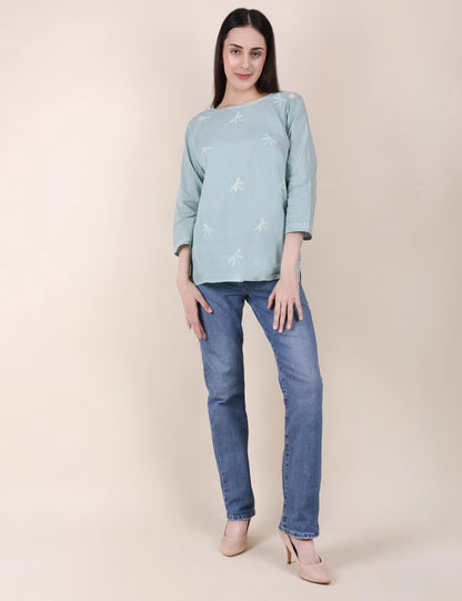 Shwet Women Hand Embroidered "Pastel Poise" Teal short top - Shwet Artistry
