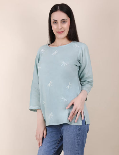 Shwet Women Hand Embroidered "Pastel Poise" Teal short top - Shwet Artistry