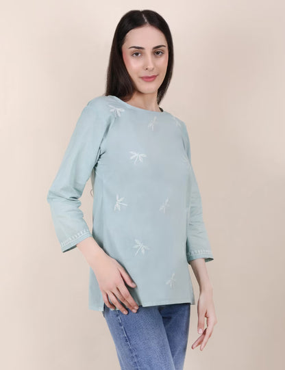 Shwet Women Hand Embroidered "Pastel Poise" Teal short top - Shwet Artistry