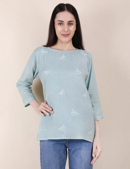 Shwet Women Hand Embroidered "Pastel Poise" Teal short top - Shwet Artistry