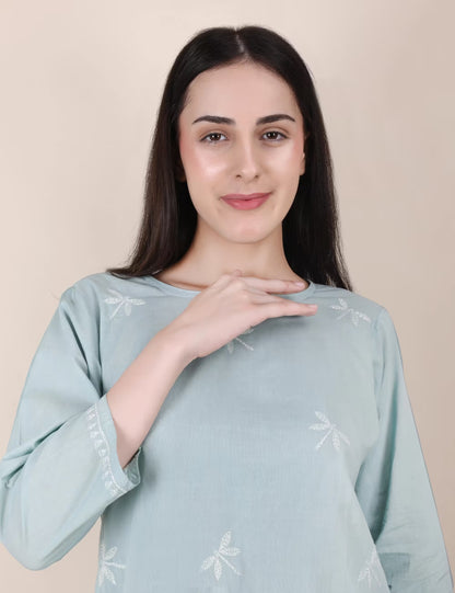 Shwet Women Hand Embroidered "Pastel Poise" Teal short top - Shwet Artistry