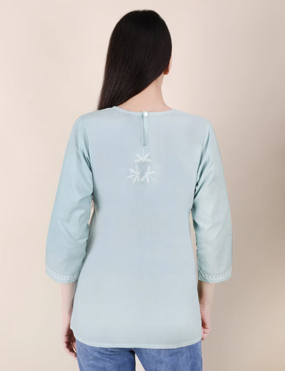 Shwet Women Hand Embroidered "Pastel Poise" Teal short top - Shwet Artistry