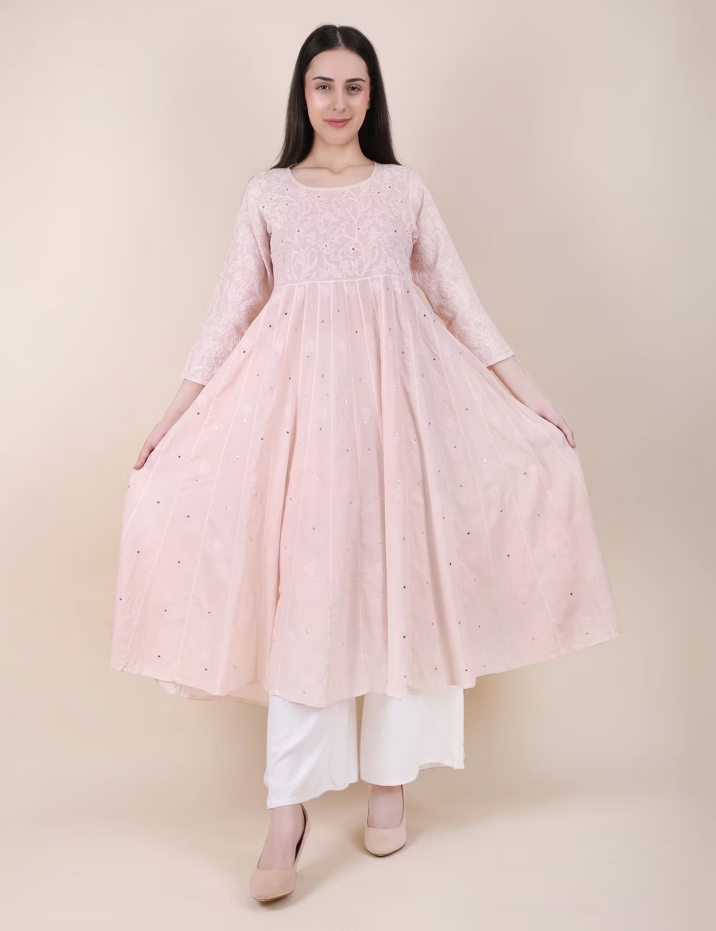 Shwet Women Powder Pink Hand Embroidered Chikankari  Kali kurti - Shwet Artistry