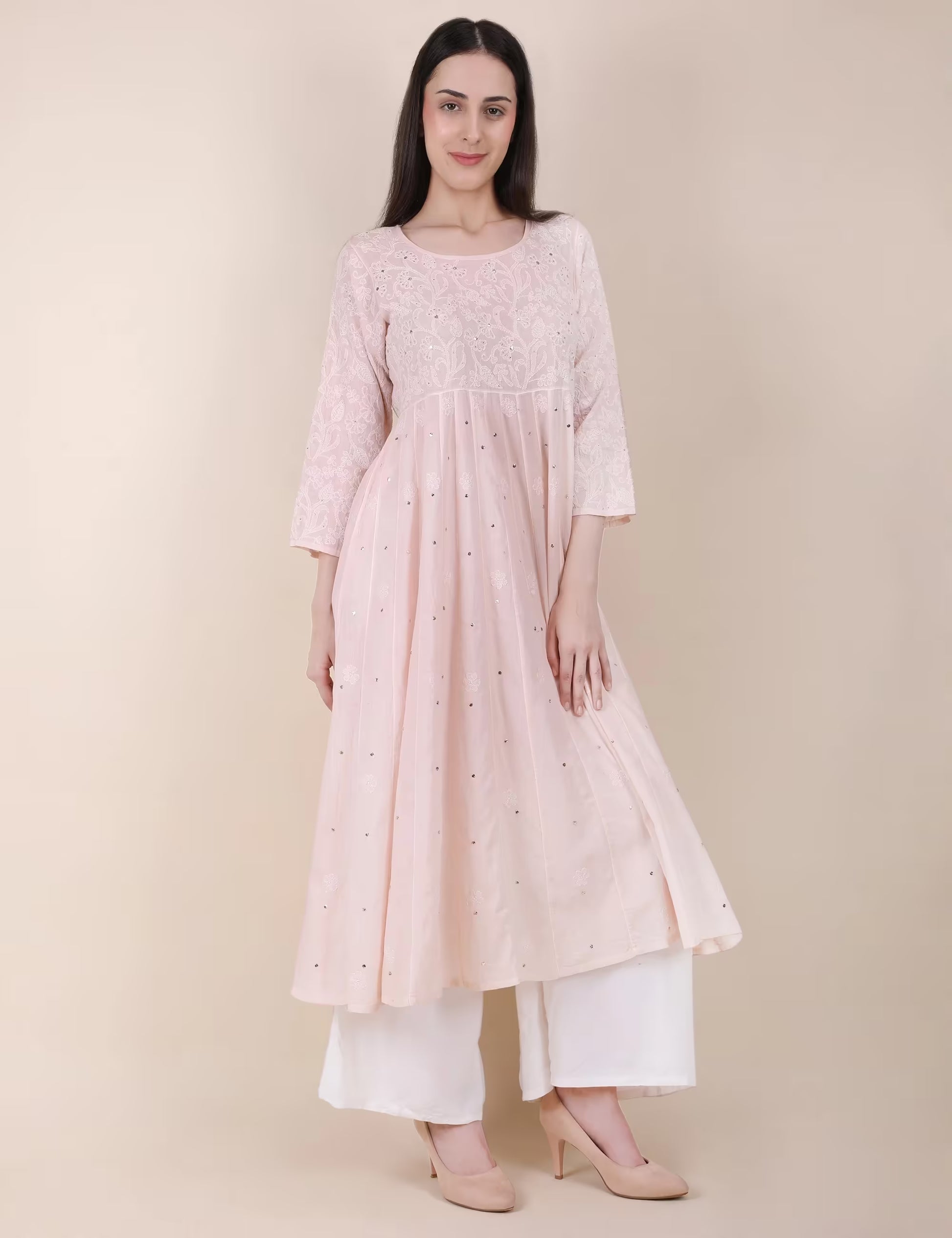 Shwet Women Powder Pink Hand Embroidered Chikankari  Kali kurti - Shwet Artistry