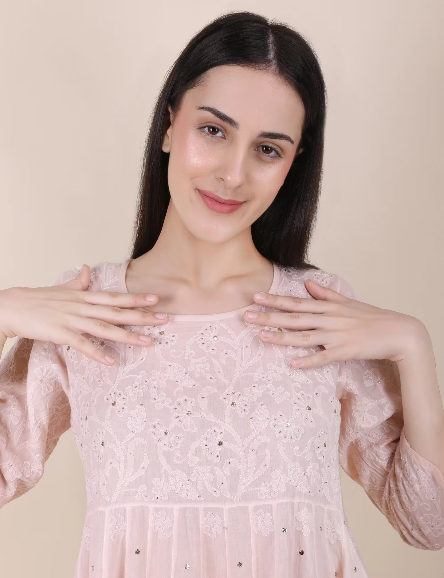 Shwet Women Powder Pink Hand Embroidered Chikankari  Kali kurti - Shwet Artistry