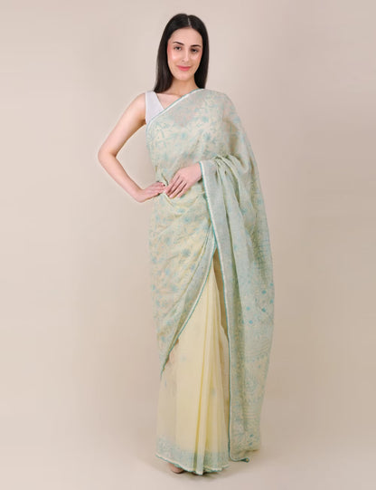 Shwet Yellow Women Hand Embroidered Chikankari Saree - Shwet Artistry