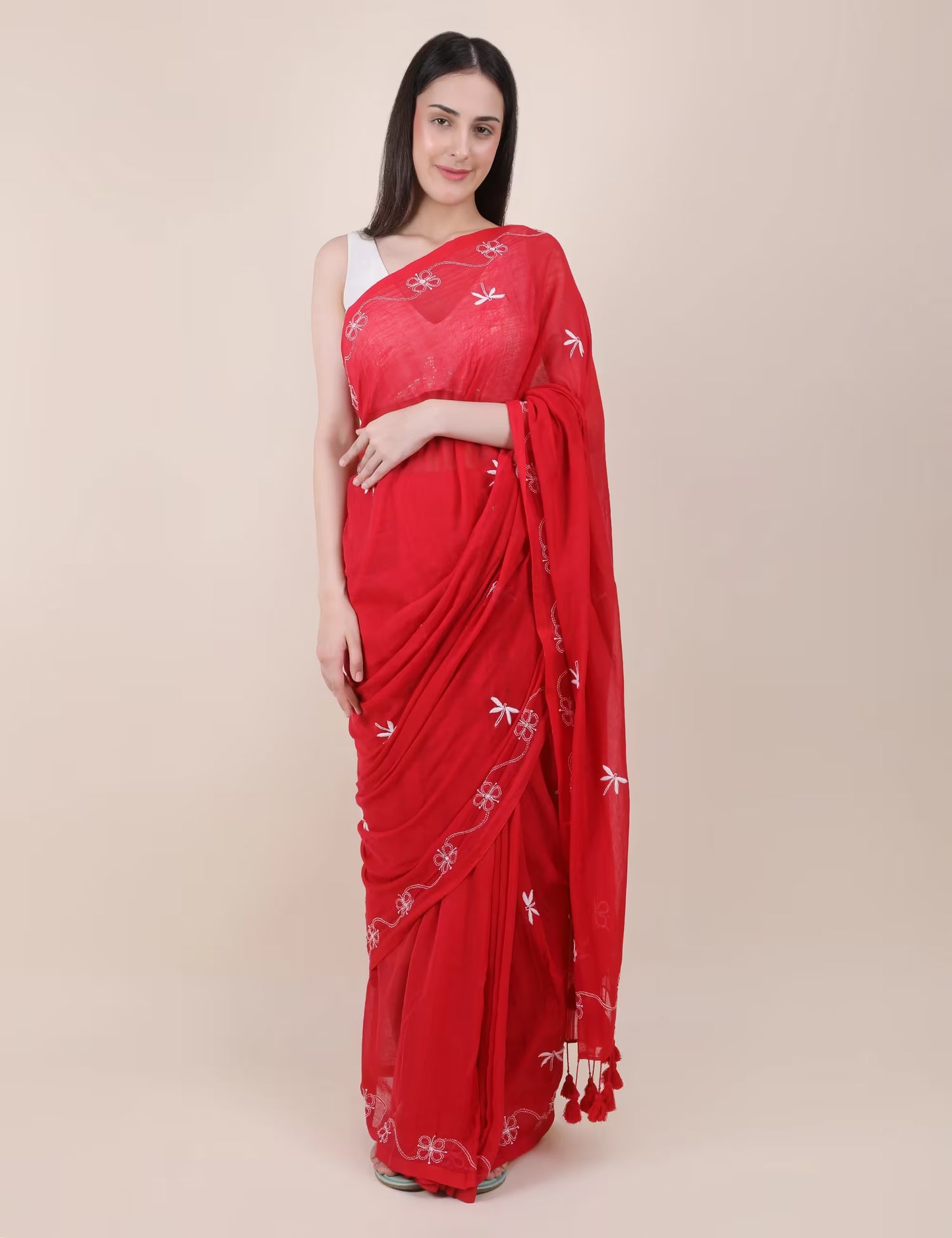Shwet Women Red Hand Embroidered Chikankari mulmul saree - Shwet Artistry
